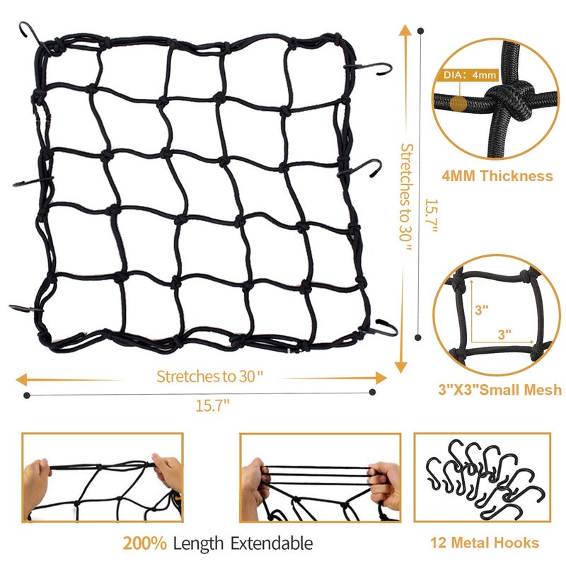 Reliancer 2 Pack of 15.7"x15.7" Bungee Cargo Net Stretches to 30"x30" Elastic Motorcycle Luggage Bungee Netting with 12 Metal Hooks Stretchable Bungee Cord Mesh Load Net Bike Paddle Board Quad Canoe Moped ATV - Image 2